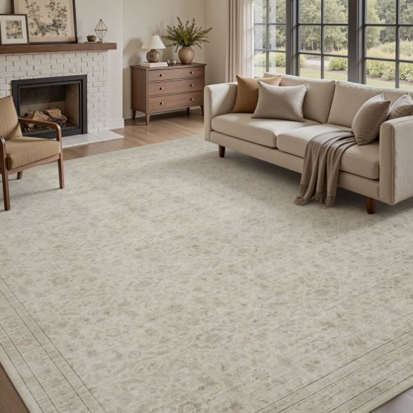 Beige Vintage-Inspired Washable Non-Slip Area Rug For Living Room, Bedroom
