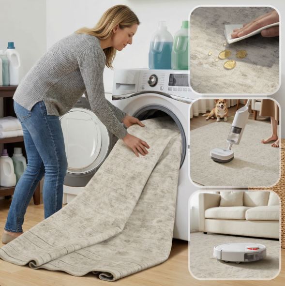 Beige Vintage-Inspired Washable Non-Slip Area Rug For Living Room, Bedroom