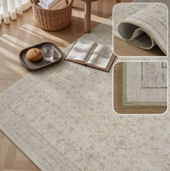 Beige Vintage-Inspired Washable Non-Slip Area Rug For Living Room, Bedroom