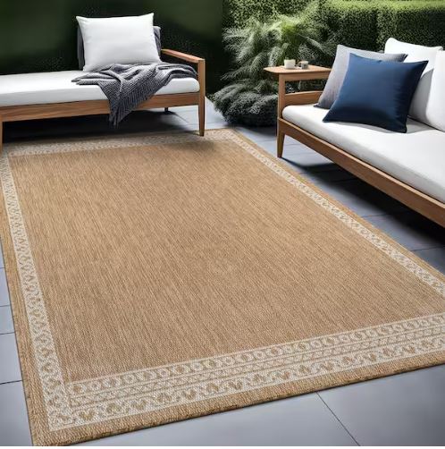 Frame Natural 5 ft. x 7 ft. Geometric Bordered Washable Indoor Outdoor Area Rug