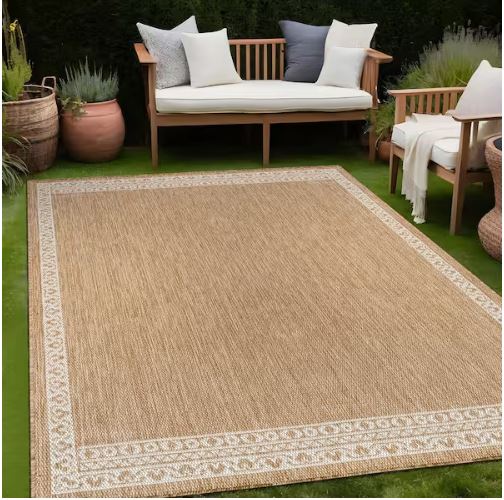 Frame Natural 5 ft. x 7 ft. Geometric Bordered Washable Indoor Outdoor Area Rug