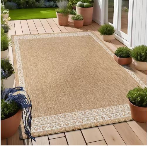 Frame Natural 5 ft. x 7 ft. Geometric Bordered Washable Indoor Outdoor Area Rug