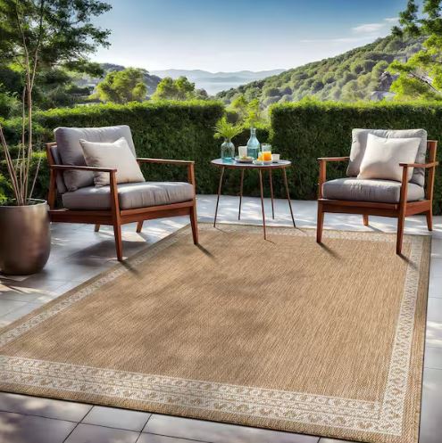 Frame Natural 5 ft. x 7 ft. Geometric Bordered Washable Indoor Outdoor Area Rug