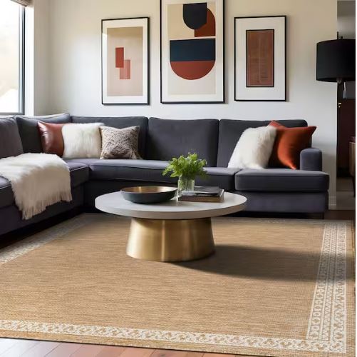 Frame Natural 5 ft. x 7 ft. Geometric Bordered Washable Indoor Outdoor Area Rug