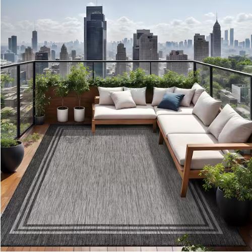 8 X 10 Silver Pebble Aloha Washable Bordered Indoor Outdoor Area Rug