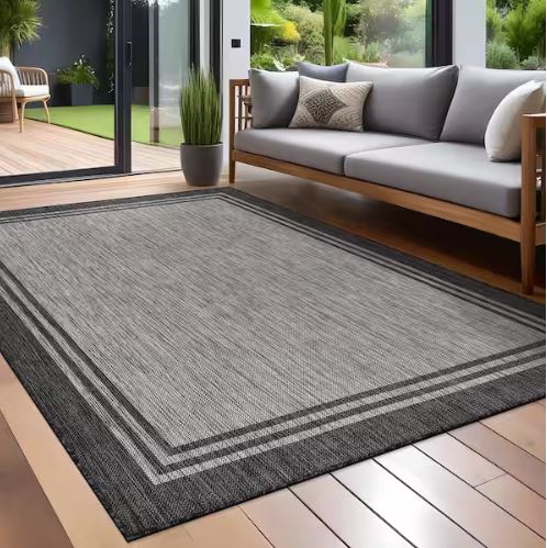 8 X 10 Silver Pebble Aloha Washable Bordered Indoor Outdoor Area Rug