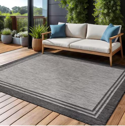 8 X 10 Silver Pebble Aloha Washable Bordered Indoor Outdoor Area Rug