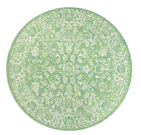 Tela Bohemian Textured Weave Floral Cream/Green 5 ft. Round Indoor/Outdoor Area Rug