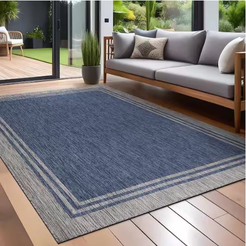 5 X 7 Azure Silver Aloha Washable Bordered Indoor Outdoor Area Rug