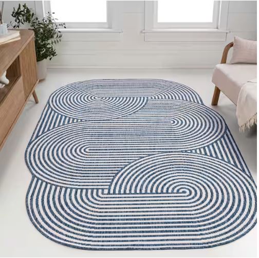 Margot Modern Geometric Arch Stripe Cream/Navy 5 ft. x 8 ft. Indoor/Outdoor Shaped Area Rug