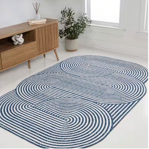 Margot Modern Geometric Arch Stripe Cream/Navy 5 ft. x 8 ft. Indoor/Outdoor Shaped Area Rug