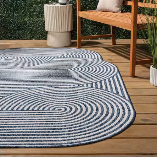 Margot Modern Geometric Arch Stripe Cream/Navy 5 ft. x 8 ft. Indoor/Outdoor Shaped Area Rug