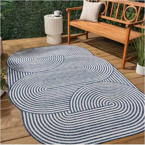 Margot Modern Geometric Arch Stripe Cream/Navy 5 ft. x 8 ft. Indoor/Outdoor Shaped Area Rug