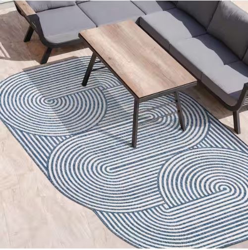 Margot Modern Geometric Arch Stripe Cream/Navy 5 ft. x 8 ft. Indoor/Outdoor Shaped Area Rug