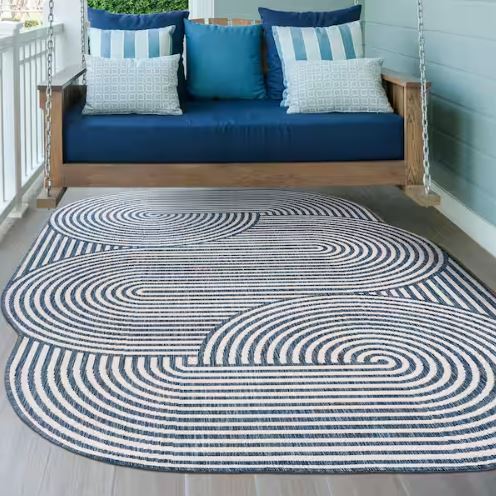 Margot Modern Geometric Arch Stripe Cream/Navy 5 ft. x 8 ft. Indoor/Outdoor Shaped Area Rug
