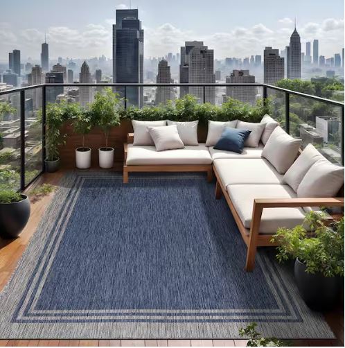 5 X 7 Azure Silver Aloha Washable Bordered Indoor Outdoor Area Rug