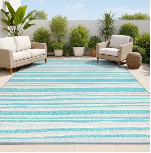 Castara Wavy Stripe Modern Aqua/Cream 5 ft. x 8 ft. Indoor/Outdoor Area Rug
