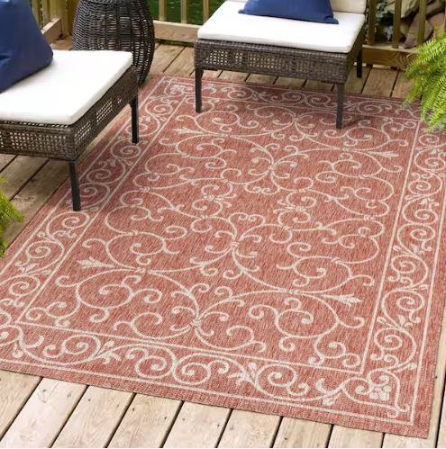Charleston Vintage Filigree Red/Beige 5 ft. 3 in. x 7 ft. 7 in. Textured Weave Indoor/Outdoor Area Rug