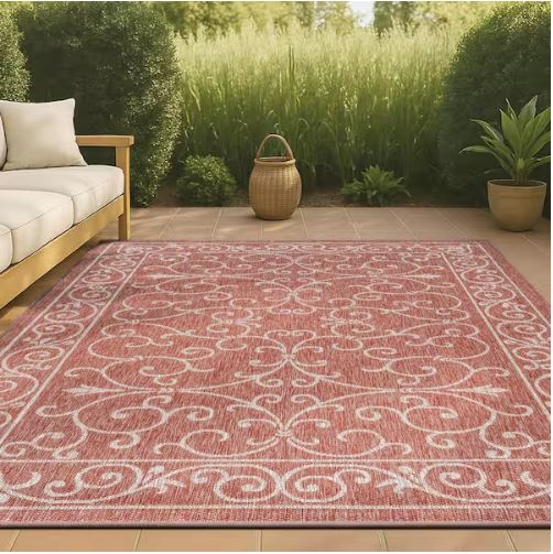 Charleston Vintage Filigree Red/Beige 5 ft. 3 in. x 7 ft. 7 in. Textured Weave Indoor/Outdoor Area Rug