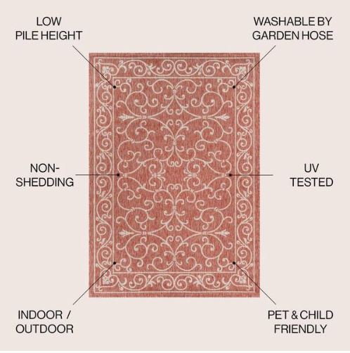 Charleston Vintage Filigree Red/Beige 5 ft. 3 in. x 7 ft. 7 in. Textured Weave Indoor/Outdoor Area Rug
