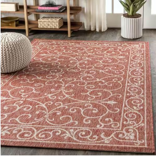 Charleston Vintage Filigree Red/Beige 5 ft. 3 in. x 7 ft. 7 in. Textured Weave Indoor/Outdoor Area Rug