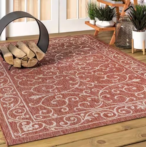 Charleston Vintage Filigree Red/Beige 5 ft. 3 in. x 7 ft. 7 in. Textured Weave Indoor/Outdoor Area Rug