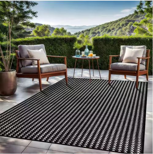 Arrow Black 8 ft. x 10 ft. Chevron Striped Washable Indoor Outdoor Area Rug