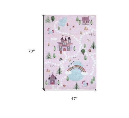 4 ft. x 6 ft. Pink White and Blue Juvenile Castle and Rainbow Youthful Area Rug