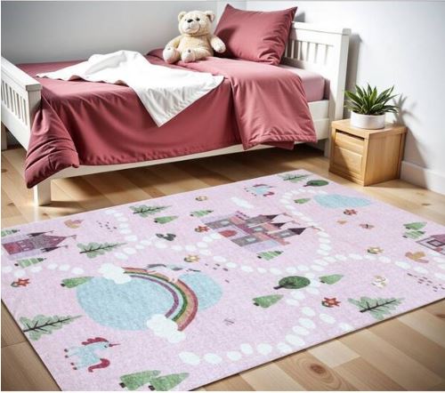 4 ft. x 6 ft. Pink White and Blue Juvenile Castle and Rainbow Youthful Area Rug
