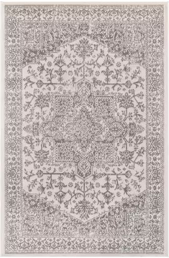 Athena Gray 5 ft. x 7 ft. Rubber Back Washable Oriental Border Indoor Outdoor Patio Area Rug