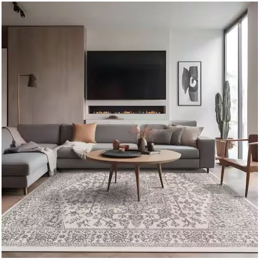 Athena Gray 5 ft. x 7 ft. Rubber Back Washable Oriental Border Indoor Outdoor Patio Area Rug