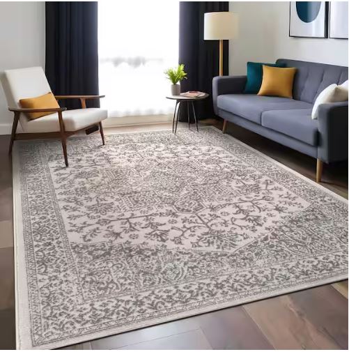 Athena Gray 5 ft. x 7 ft. Rubber Back Washable Oriental Border Indoor Outdoor Patio Area Rug