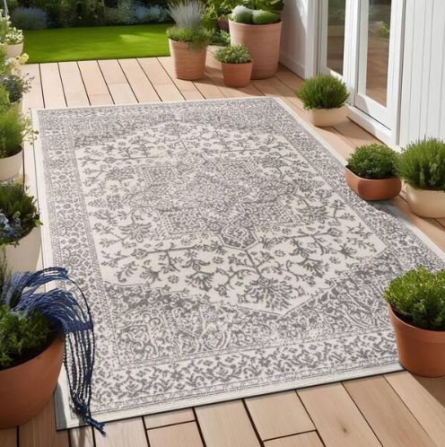 Athena Gray 5 ft. x 7 ft. Rubber Back Washable Oriental Border Indoor Outdoor Patio Area Rug