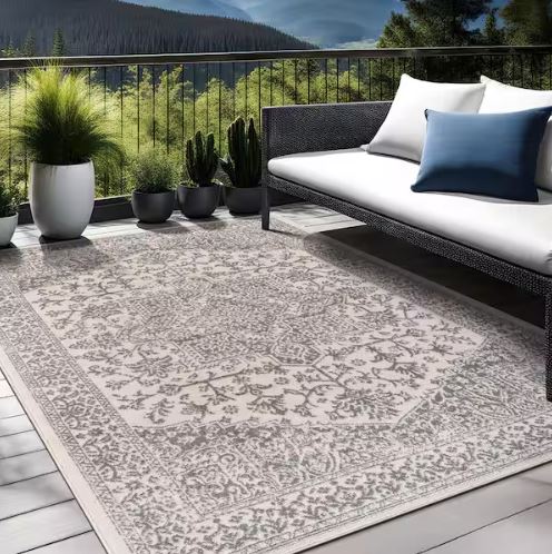 Athena Gray 5 ft. x 7 ft. Rubber Back Washable Oriental Border Indoor Outdoor Patio Area Rug