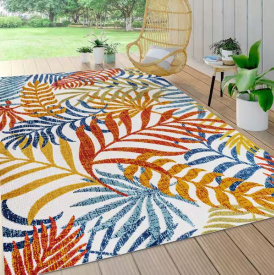 Tropics Palm Leaves Cream/Orange Indoor/Outdoor 5 ft. x 8 ft. Area Rug