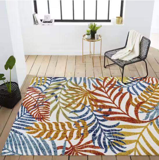 Tropics Palm Leaves Cream/Orange Indoor/Outdoor 5 ft. x 8 ft. Area Rug