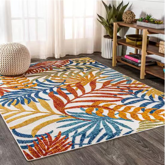 Tropics Palm Leaves Cream/Orange Indoor/Outdoor 5 ft. x 8 ft. Area Rug