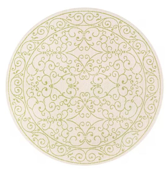 Charleston Vintage Filigree Textured Weave Cream/Green 5 ft. Round Indoor/Outdoor Area Rug