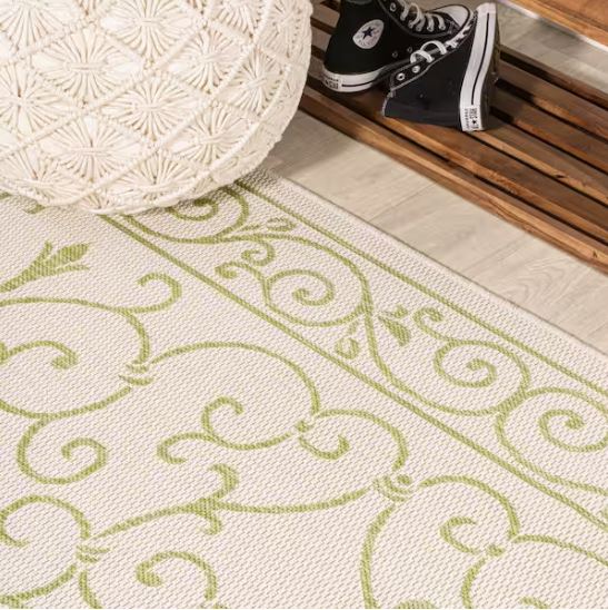 Charleston Vintage Filigree Textured Weave Cream/Green 5 ft. Round Indoor/Outdoor Area Rug