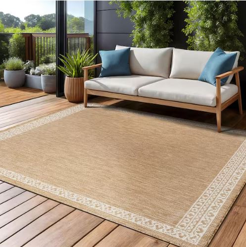 Frame Natural 6 ft. x 9 ft. Geometric Bordered Washable Indoor Outdoor Area Rug