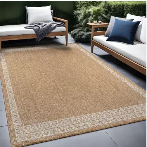 Frame Natural 6 ft. x 9 ft. Geometric Bordered Washable Indoor Outdoor Area Rug
