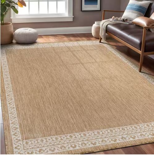 Frame Natural 6 ft. x 9 ft. Geometric Bordered Washable Indoor Outdoor Area Rug