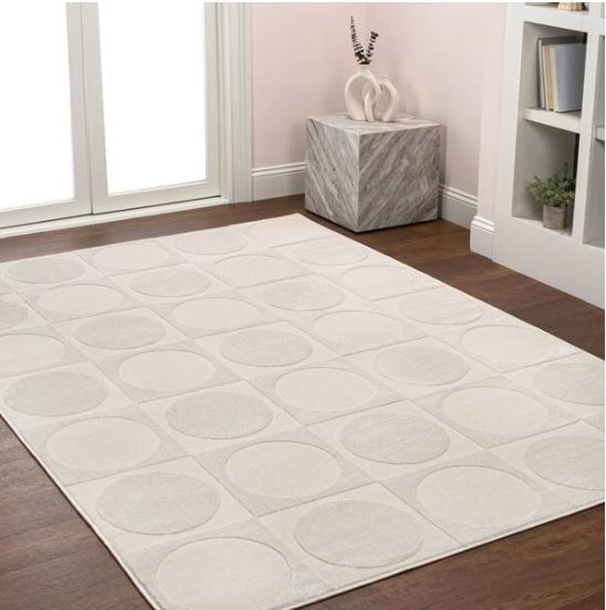 Helena Modern Geometric Circles In Squares High-Low White/Cream 5 ft. x 8 ft. Area Rug