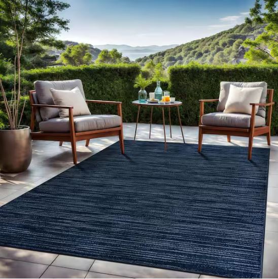 Linea Navy 8 ft. x 10 ft. Rubber Back Washable Modern Striped Indoor Outdoor Patio Area Rug