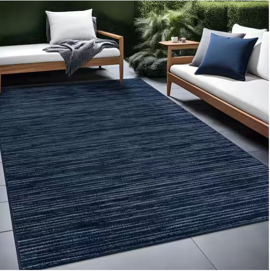 Linea Navy 8 ft. x 10 ft. Rubber Back Washable Modern Striped Indoor Outdoor Patio Area Rug