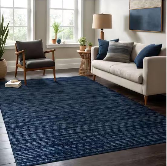 Linea Navy 8 ft. x 10 ft. Rubber Back Washable Modern Striped Indoor Outdoor Patio Area Rug
