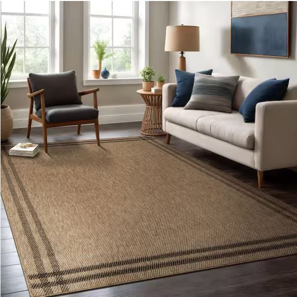 Haven 9 ft. x 12 ft. Natural Border Striped Washable Easy Jute Modern Indoor Outdoor Area Rug