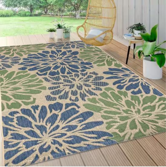 Zinnia Navy/Green 8 ft. x 10 ft. Floral Indoor/Outdoor Area Rug