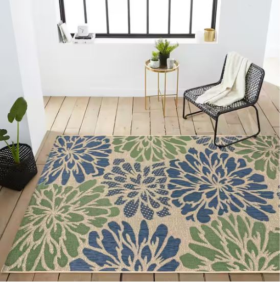 Zinnia Navy/Green 8 ft. x 10 ft. Floral Indoor/Outdoor Area Rug