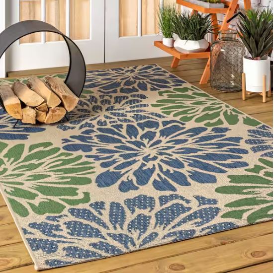 Zinnia Navy/Green 8 ft. x 10 ft. Floral Indoor/Outdoor Area Rug